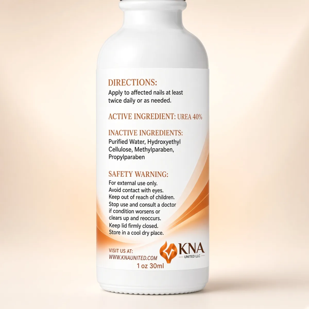 Back view of KNA United 40 Urea Nail Gel bottle showing product information